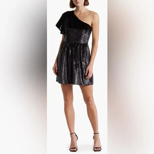 Seven One Shoulder Metallic Velour Fit & Flare Dress